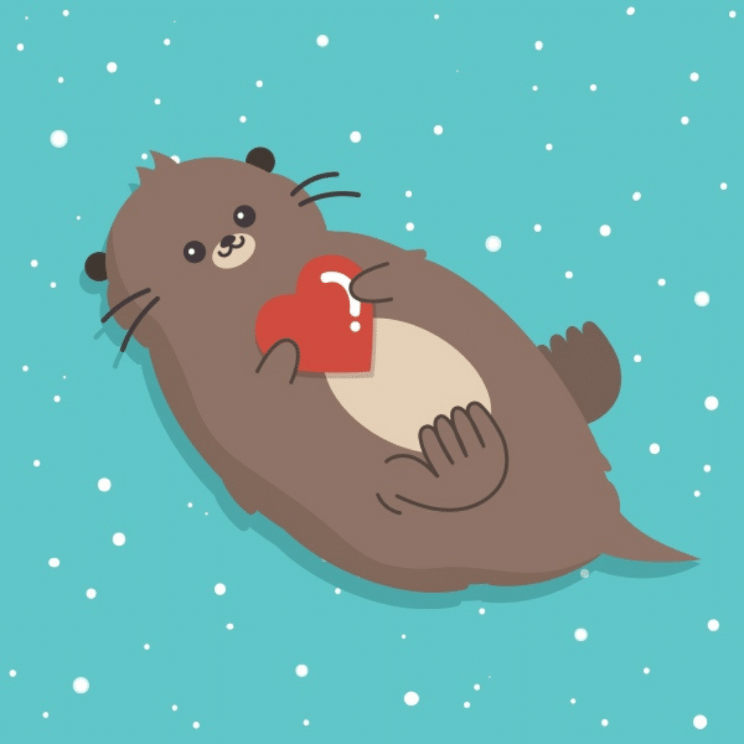 cute otter floating on back holding a heart