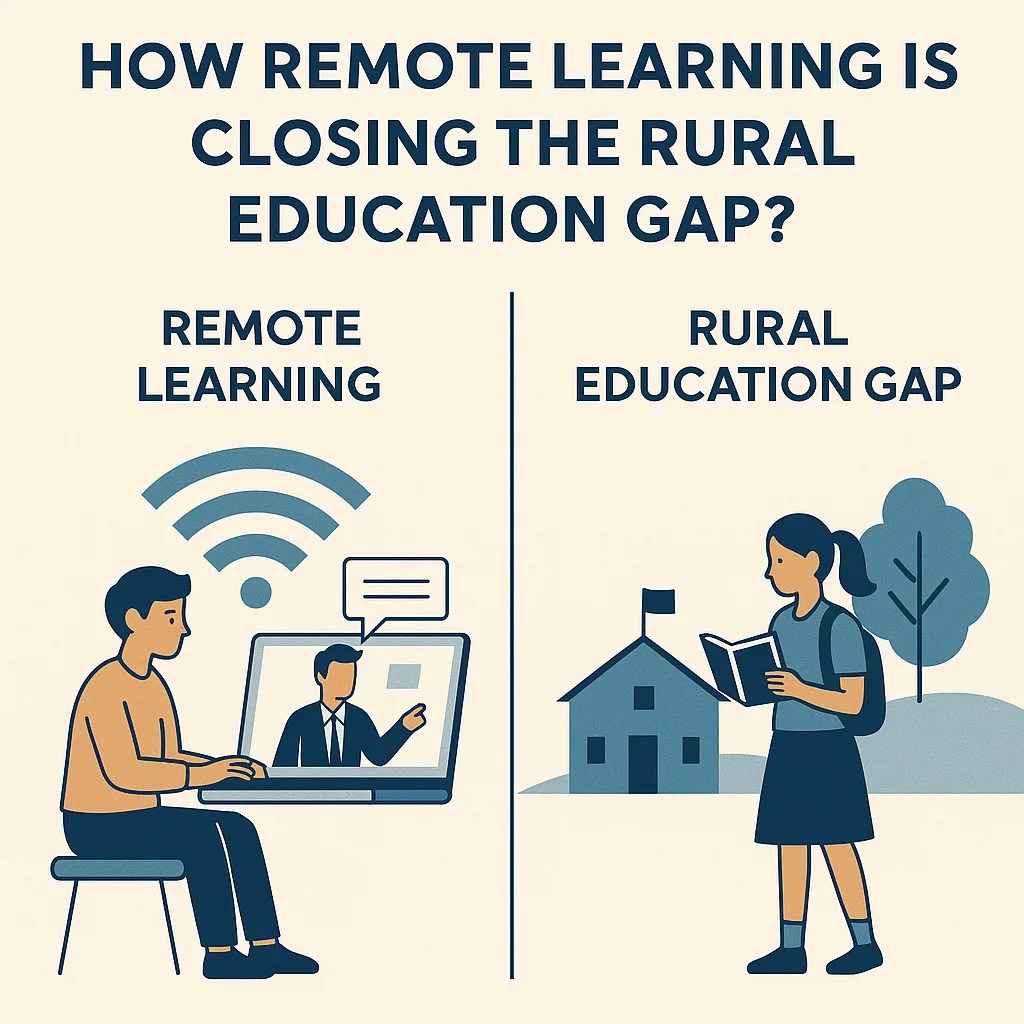 Illustration showing a rural student learning via online education contrasted with traditional village school setup, symbolizing the closing education gap in India.