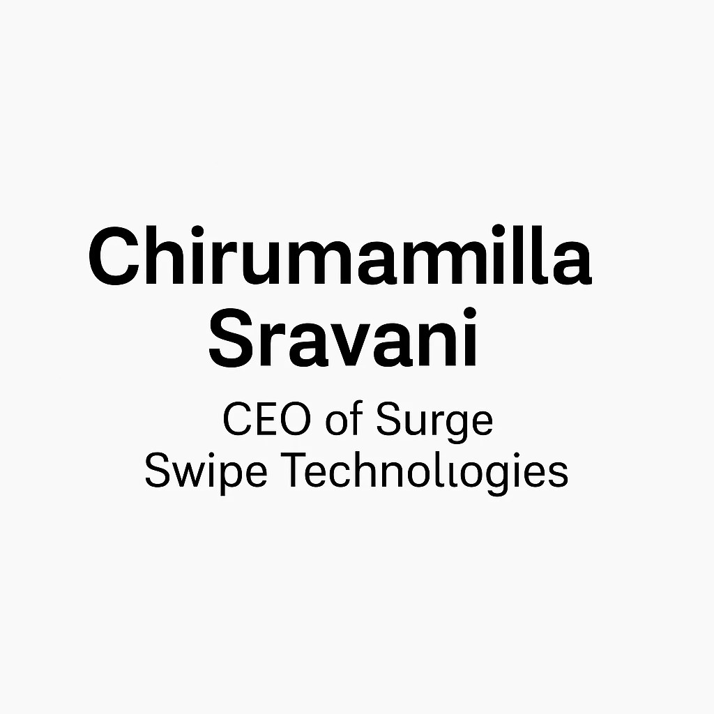 Official blog title image featuring Chirumamilla Sravani as CEO of Surge Swipe Technologies.