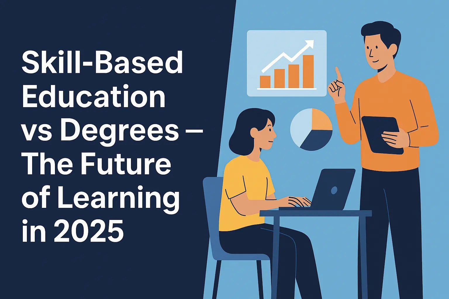 Illustration of a mentor guiding a student with charts and laptop, alongside the text “Skill-Based Education vs Degrees The Future of Learning in 2025.”