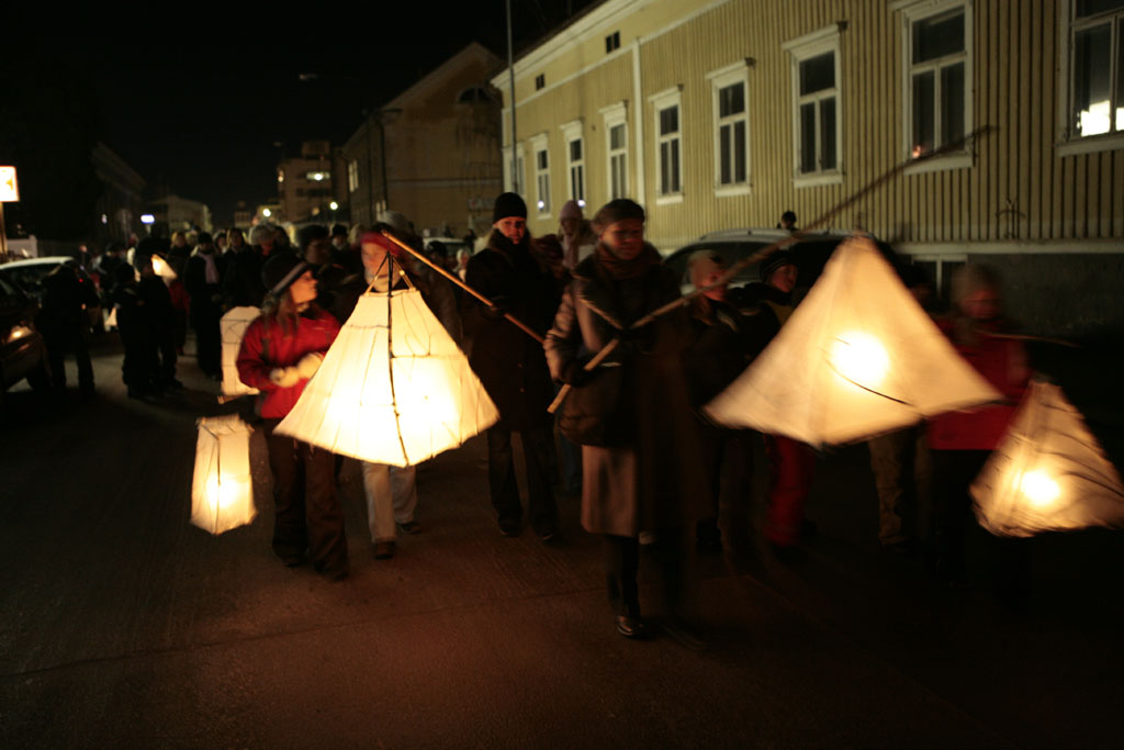 Lantern Procession through the town of Jakobstad. Lanterns created during workshops held with fellow collaborator; Rick Faulkner, Creative Director, Chrysalis Arts, England.