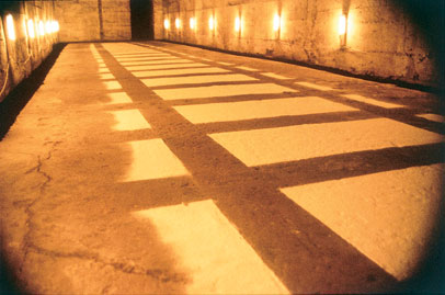 I sieved dental plaster onto the concrete floor creating an illusion of rail tracks softly lit by knee-high lamps fitted along the walls. 500 photocopied images of railway tracks ran the length of the bunker's walls at eye level alongside the original warning to workers not to smoke or talk.