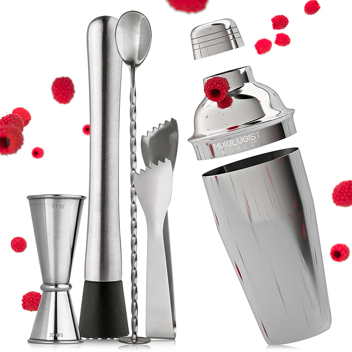 Cocktail Shaker with a built-in strainer lid, a Mixing Bar Spoon, a double size measuring Jigger Tool, plus an Illustrated Guide with many Cocktail Recipes
