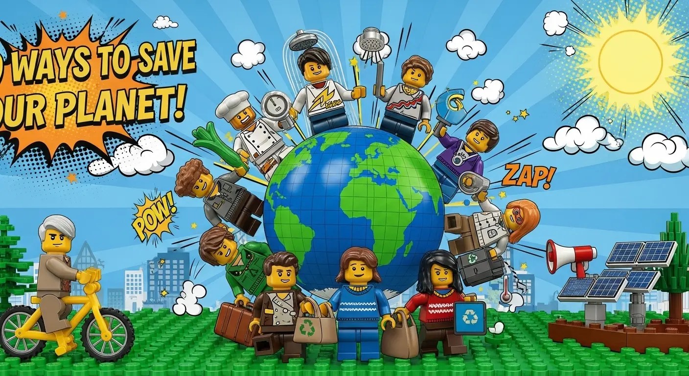 LEGO STYLE FIGURES AORUND THE GLOBE CHANTING "REDUCE CARBON FOOTPINT"