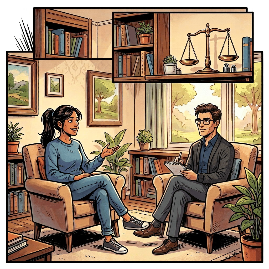 Client discussing work-life balance progress with therapist in cozy office