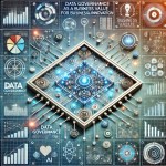 affärsnytta och innovation kopplat till Data Governance. Den innehåller en strukturerad digital ram, datavägar som leder till affärstillväxt och teknisk utveckling samt abstrakta representationer av AI och datadrivna beslut.