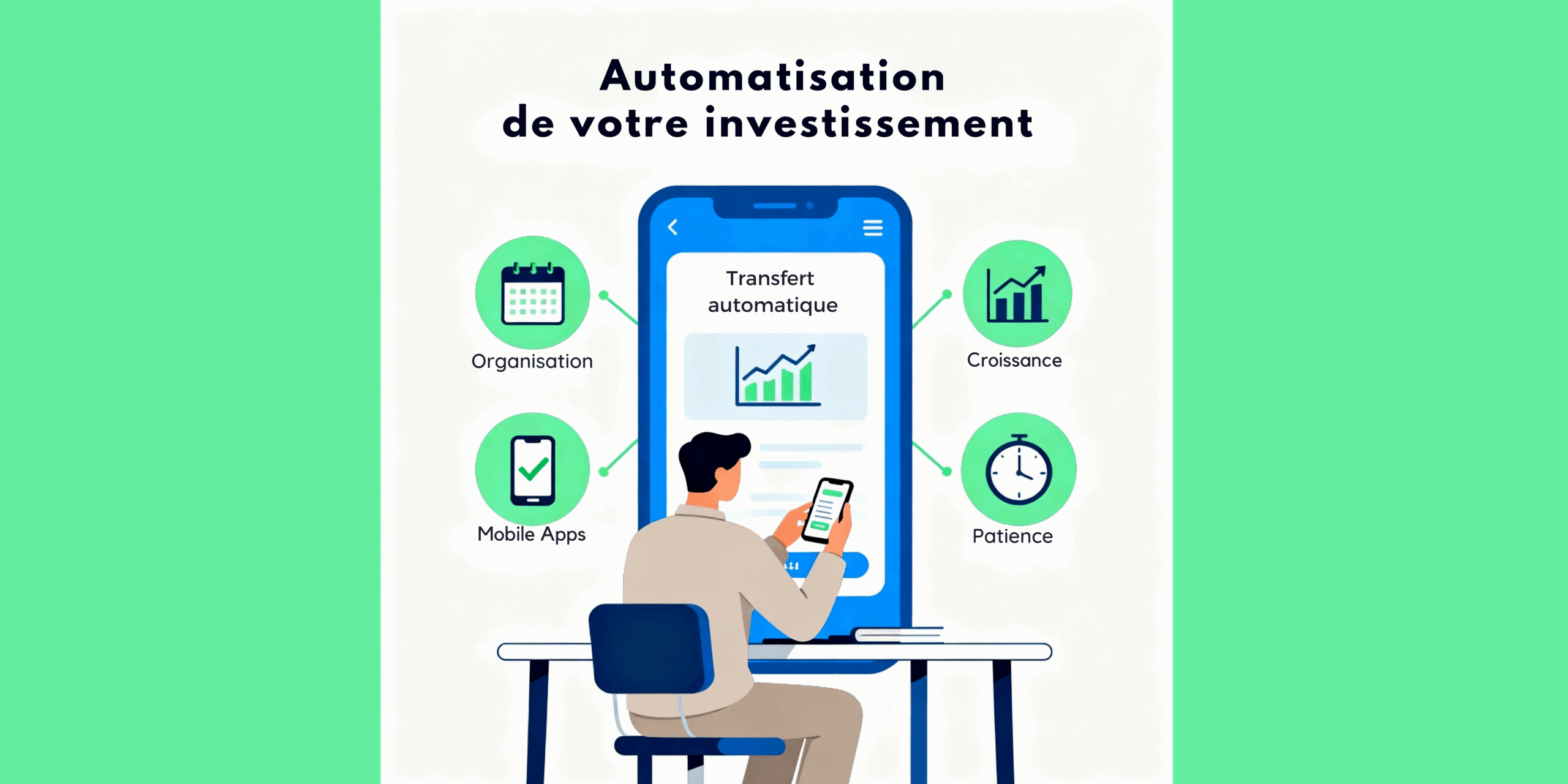 Infographie horizontale montrant une personne de dos assise à un bureau, consultant son téléphone devant un grand écran affichant 'Transfert automatique' et un graphique de croissance. Autour de l’écran figurent quatre icônes vertes : un calendrier pour 'Organisation', un smartphone pour 'Mobile Apps', un graphique de croissance pour 'Croissance', et une horloge pour 'Patience'. Le titre en haut de l’image est 'Automatisation de votre investissement'