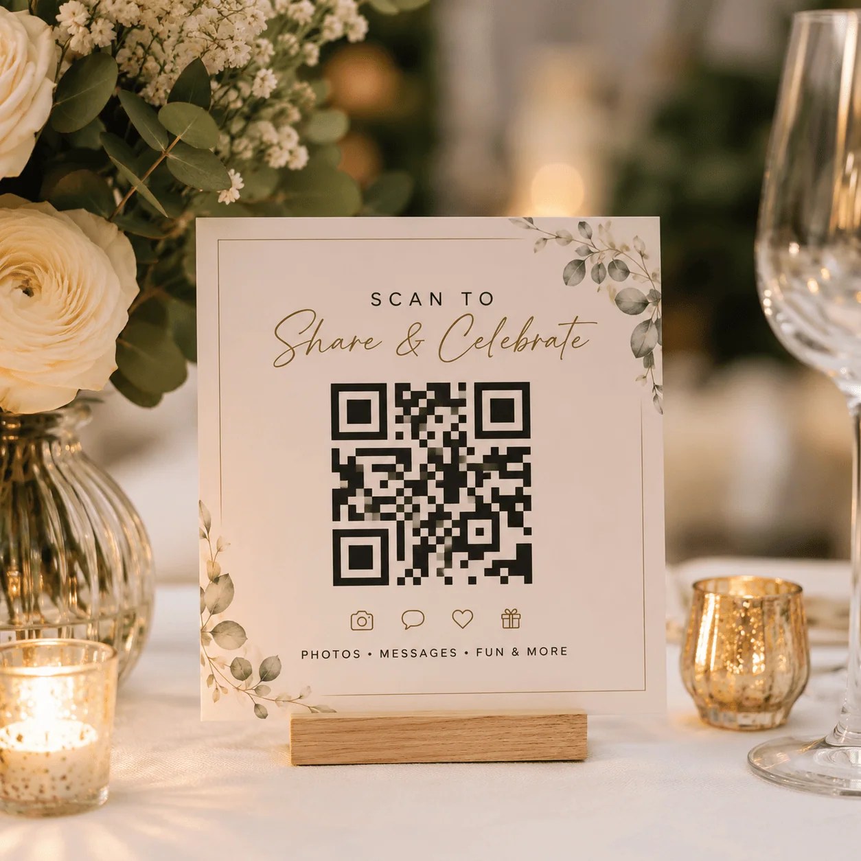 Happlee QR wedding sign with flowers, candles, and guest photo sharing.