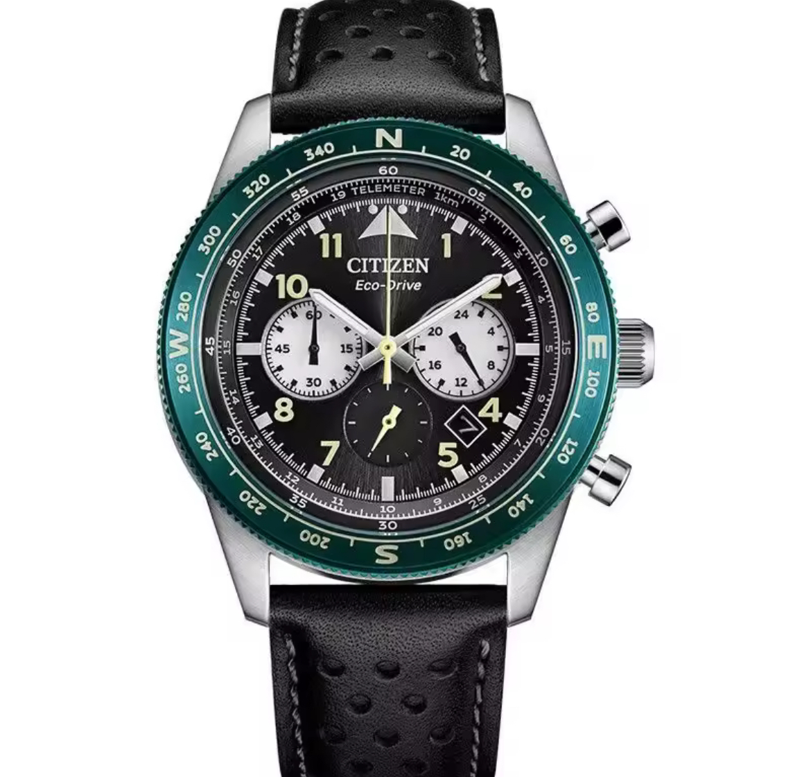 Citizen Eco-Drive Weekender Avion Brycen Chronograph Stainless Steel, Black Leather strap, Green CA0648-09L Watch