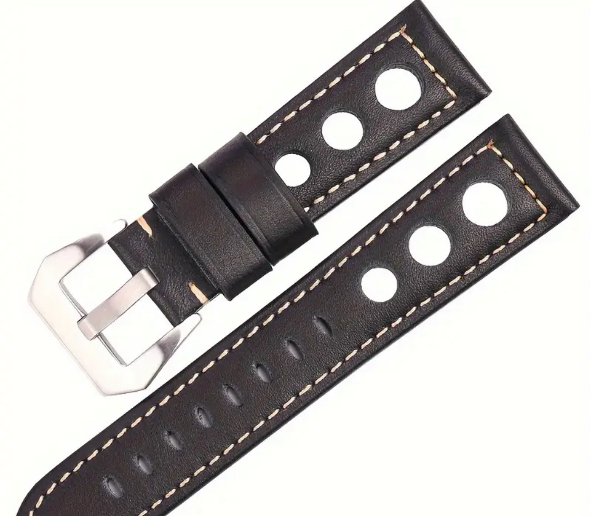 Replacement 22mm Perforated Black Leather Black Black Bege Stitch  24mm Watch Strap