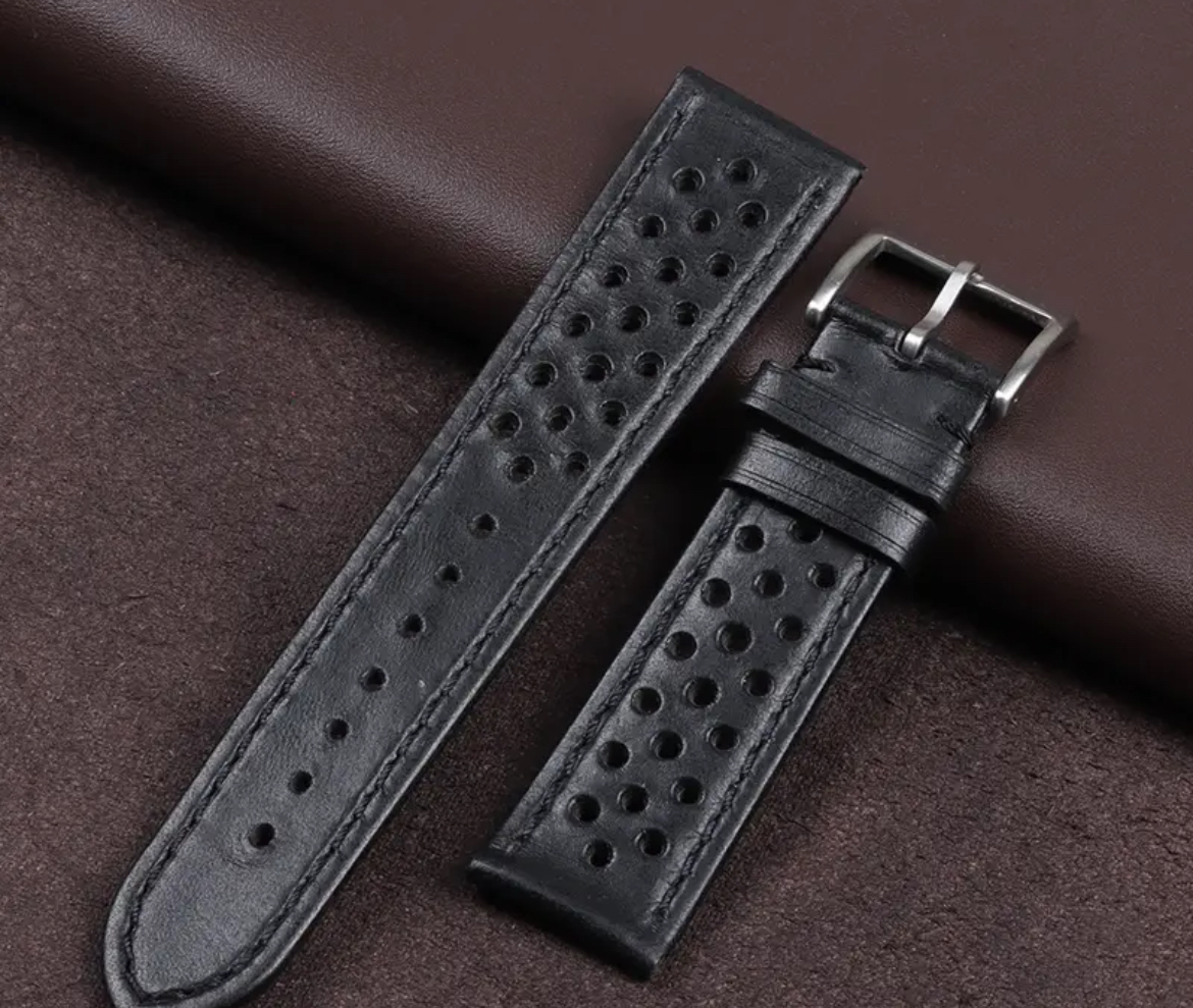 Quick Release Spring Bar 20mm  Perforated Black Leather Watch Strap