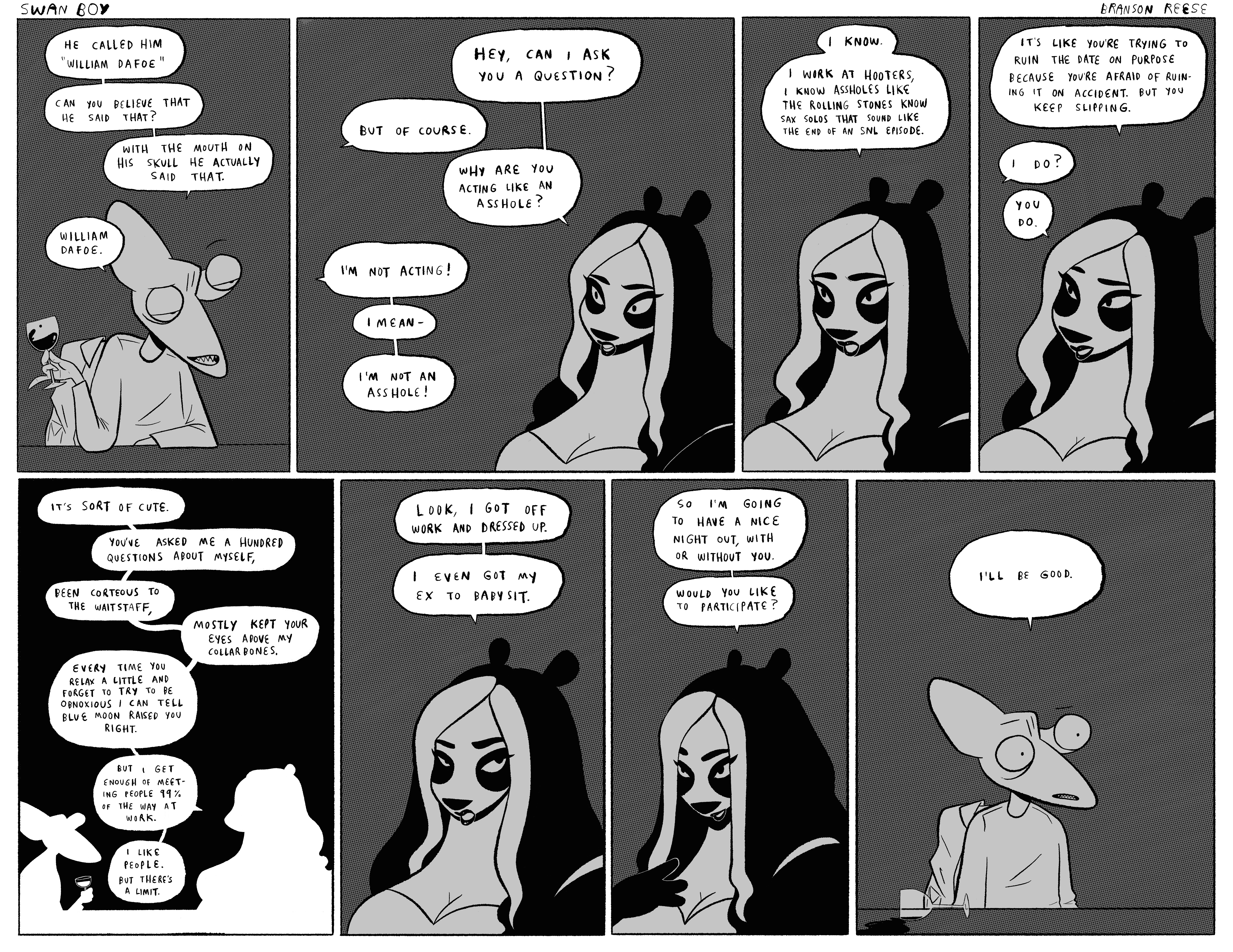 He's talking about Swan Boy in the first panel, you shouldn't need the alt text to tell you that.