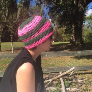 Hand Crocheted Hot Pink and Dark Green Striped 9x21 Inch Beanie Hat