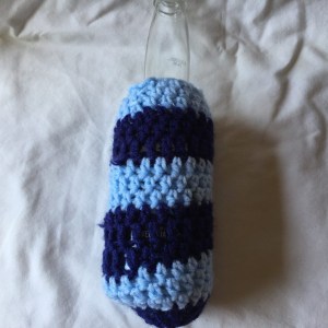 Hand Crocheted Light and Dark Blue Striped 3x6 Inch Beer or Baby Bottle Holder