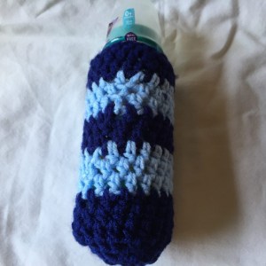 Hand Crocheted Dark and Light Blue Striped 3x6 Inch Beer or Baby Bottle Holder