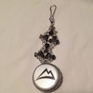 Handcrafted Silver and Black Coors Recycled Bottlecap and Smoky Tribeads Bead Keychain