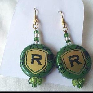 Handcrafted Redds Strawberry Green Gold Black and Green Clear Glass Beads Upcycled Bottlecap Earrings