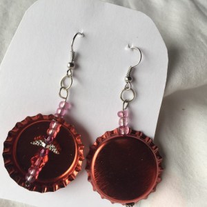 Handcrafted Dark Shiny Pink Bottlecap with Pink and Purple Beaded Angel Earrings