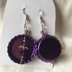 Handcrafted Dark Shiny Purple Bottlecap with Light and Dark Purple Beaded Angel Earrings