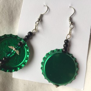 Handcrafted Shiny Dark Green Bottlecap with Black and Green Beaded Angel Earrings