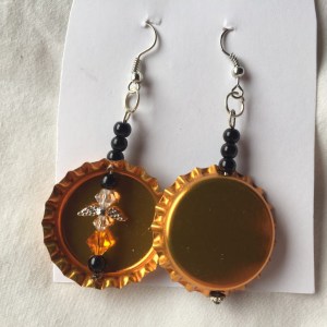 Handcrafted Shiny Orange Bottlecap with Orange Black and Silver Beaded Angel Earrings