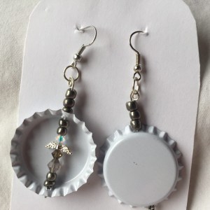 Handcrafted White Bottlecap with Gray Smoky and Clear Beaded Angel Earrings