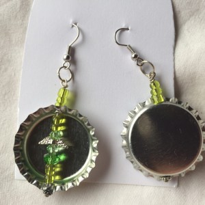 Handcrafted Silver Bottlecap with Light and Dark Green Beaded Angel Earrings
