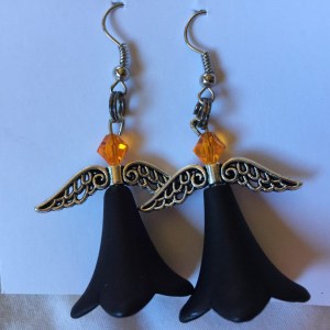 Handcrafted Black Lilly Flowers and Orange  Crystals Angel Earrings
