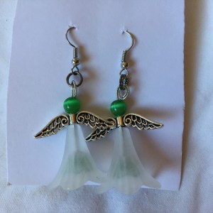 Handcrafted Dark Green Catseyes and White Lilly Flowers Angel Earrings