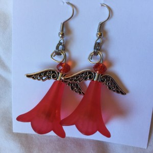 Handcrafted Red Lilly Flowers and Dark Red Round AB  Crystals Angel Earrings