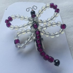 Handcrafted White with Dark Purple Beads Dragonfly Pin Brooch