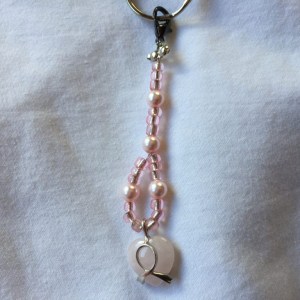 Handcrafted Pink Pearls and Glass Bead 3 inch Keychain with Pink Breast Cancer Heart Charm