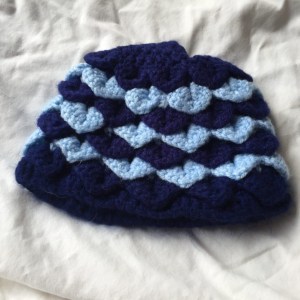 Hand Crocheted Dark and Light Blue Striped Dragon Scales 8x18 Inch Beanie Hat