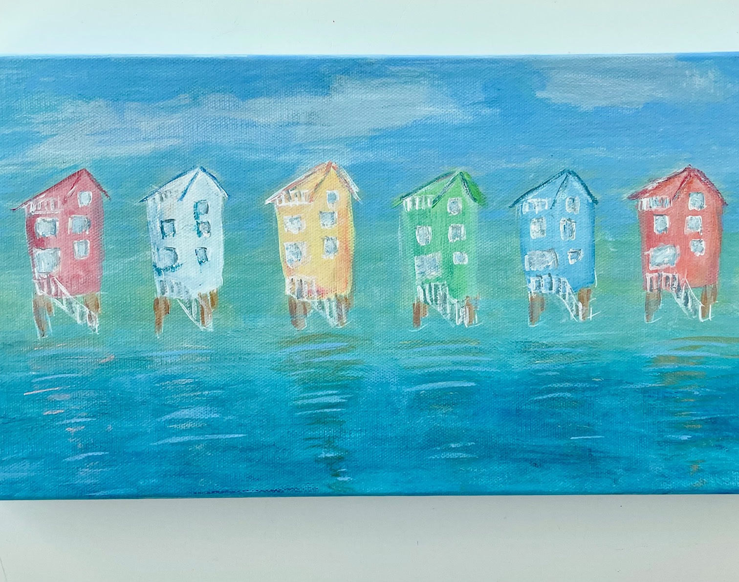 Fenwick island pastel houses, original art canvas sweep of sand