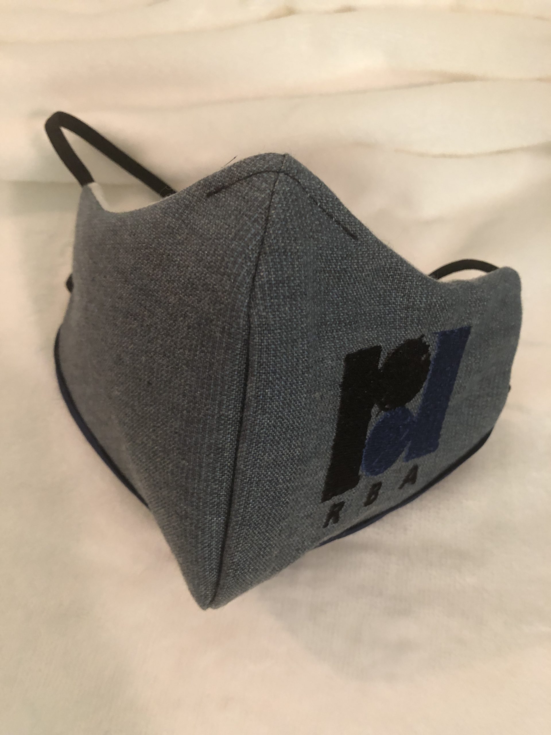 We may receive a portion of sales from products purchas. 100% Acrylic Face Mask, Denim color w/Elastic Straps, Company Logo Embroidered - SweetB Designs