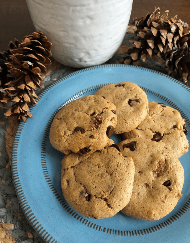 Five Chocolate cookies on a blue plate