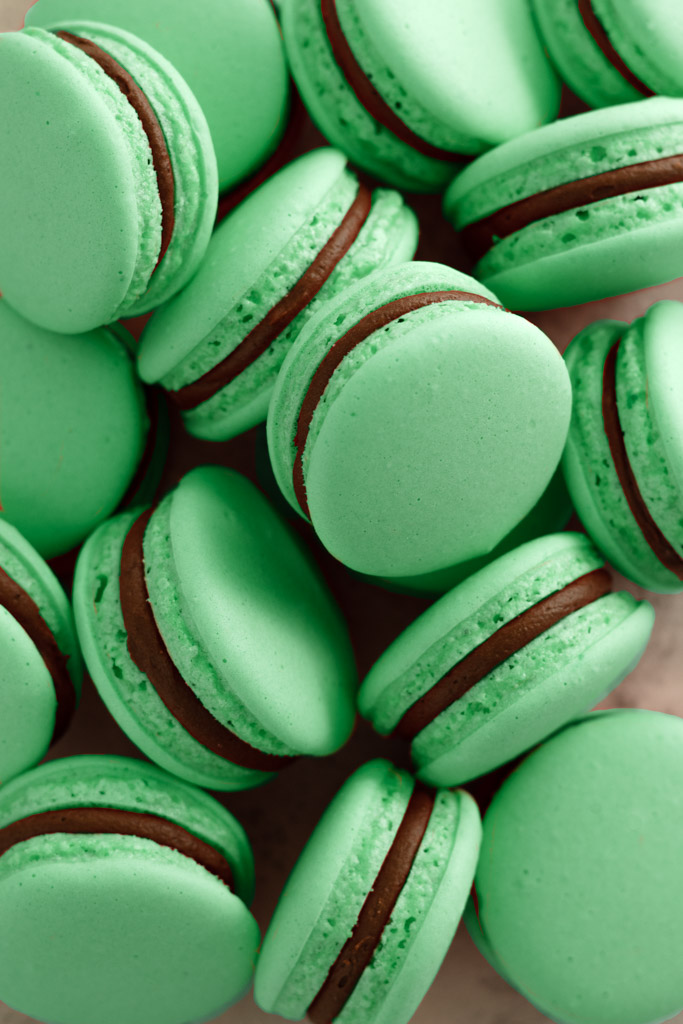Bunch of Vegan Macarons edited in Lightroom to appear Green
