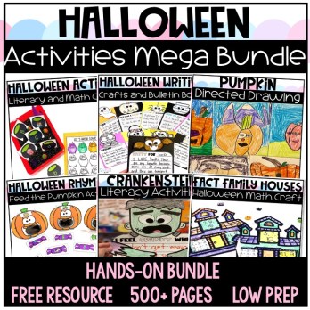 the Halloween Math and Literacy Mega Bundle for K‑2 — over 600 pages of interactive, hands‑on activities including centers, flashcards, task cards, worksheets, and graphic organizers, perfect for morning tubs, independent work, or whole‑group learning