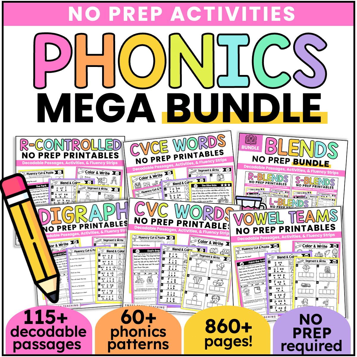 No-prep phonics mega bundle for teachers with over 700 pages of decodable passages, phonics activities, and fluency strips. Includes CVC words, CVCE words, blends, vowel teams, and R-controlled vowel printable resources to help students master 49+ phonics patterns with engaging, low-prep activities