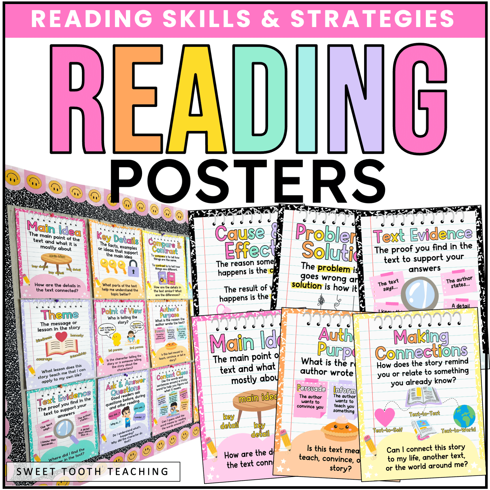 Colorful 3rd grade reading strategy posters—cause & effect, text evidence, main idea—perfect for classroom decor.