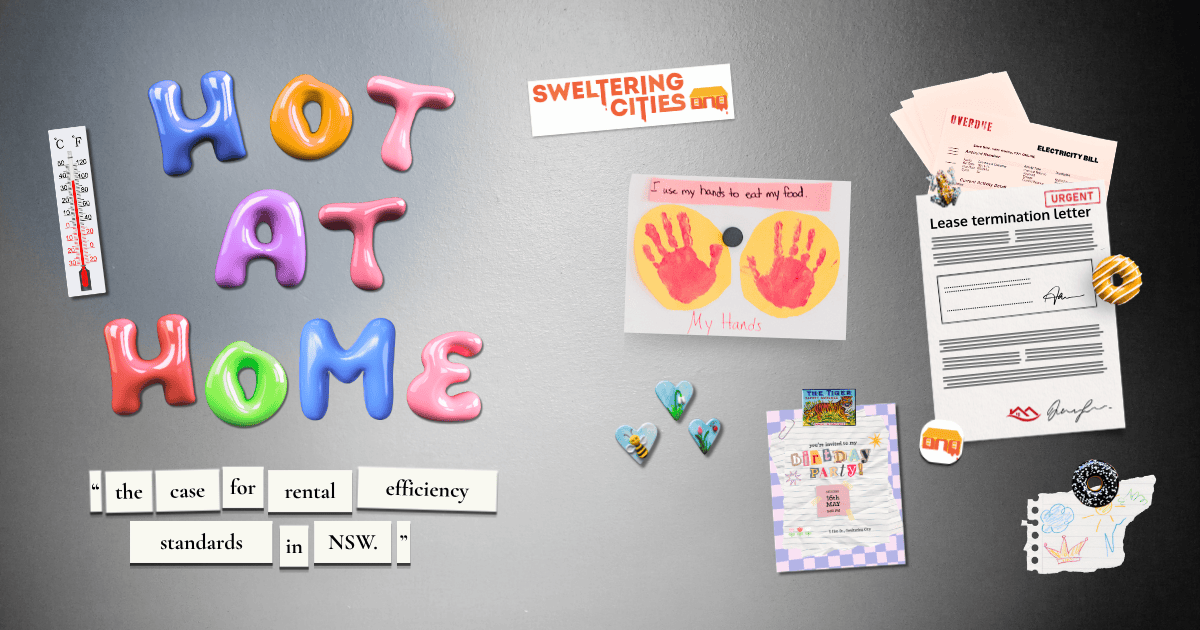 A graphic resembling the front of a fridge with magnets and paper. Letters spell out 'Hot at Home'