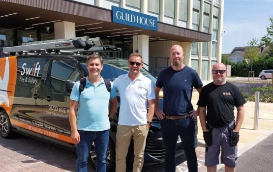 Swift Fire & Safety team at Guild House in Peterborough following the installation of a new door entry and intercom system.