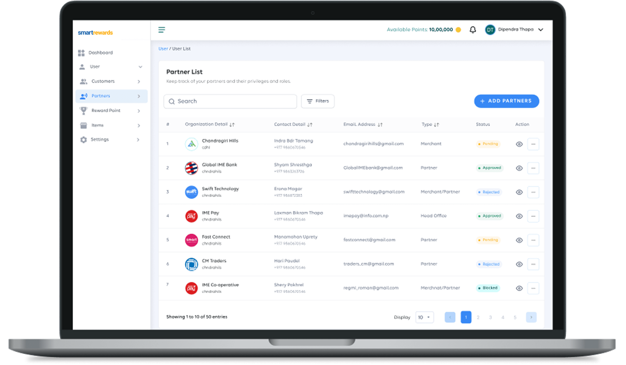 Smart O Reward loyalty rewards platform partner list showing Chandragiri Hills, Global IME Bank, Swift Technology, IME Pay, Fast Connect, LH Express, and IME Co-operative with onboarding status