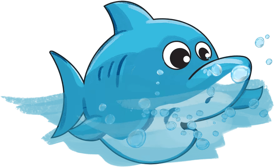 Cartoon blue fish swimming with bubbles, representing Swimming Fishies Swim School's playful and engaging approach to swimming lessons for children.