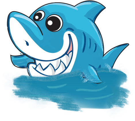 Cartoon shark character swimming in water, representing Swimming Fishies Swim School's playful approach to swimming lessons and aquatic activities.