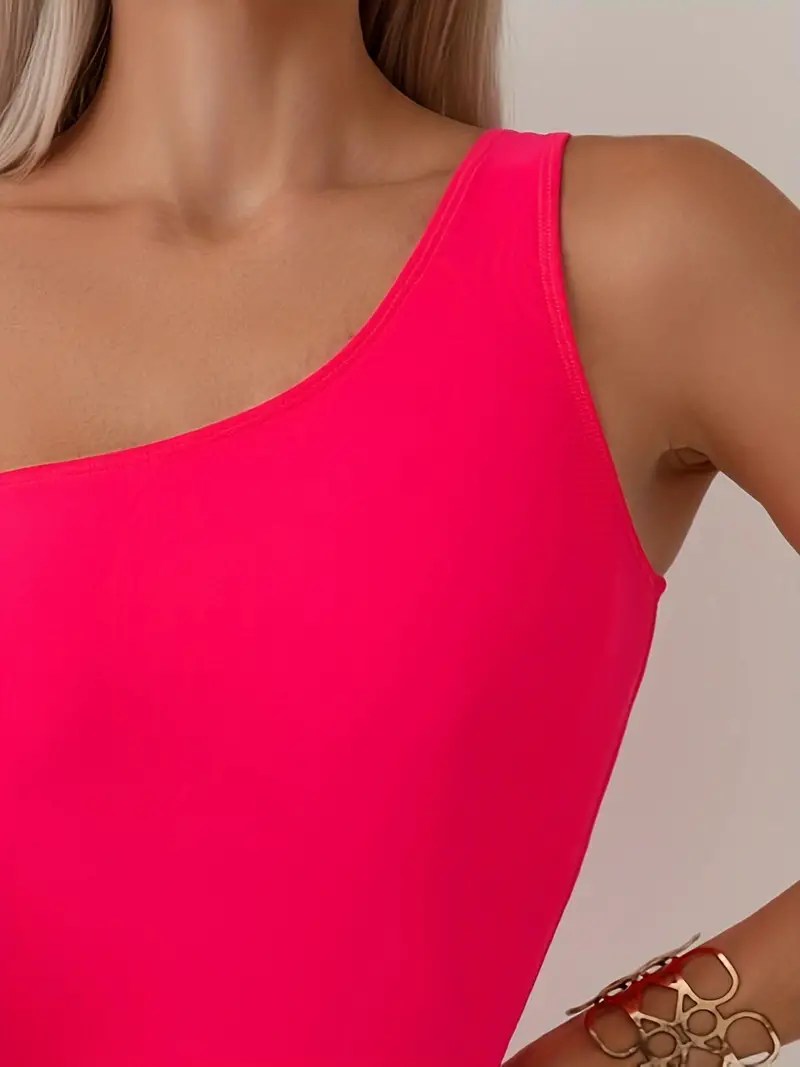 Asymmetric One Shoulder Plain One-piece Swimsuit, High Cut Stretch Hot Pinkish Bathing Suits, Women's Swimwear & Clothing Valentine's Day