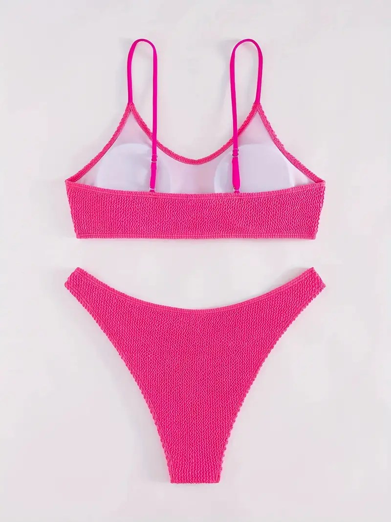 Rib Knit Texture Neon Pink Bikini Sets, High Cut Buckleless Two Piece Swimsuit, Women's Swimwear & Clothing Valentine's Day