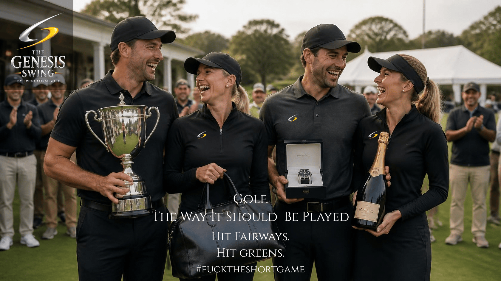 Genesis campaign: golfers celebrating a golf-day prizegiving with a trophy