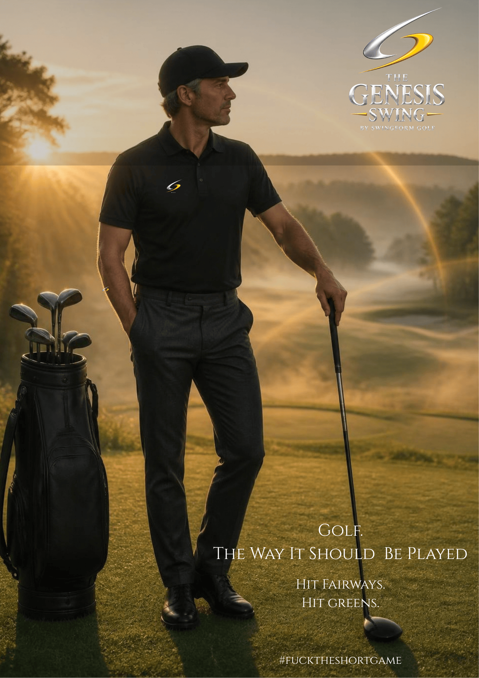 Genesis campaign: confident male golfer on a golden-hour fairway