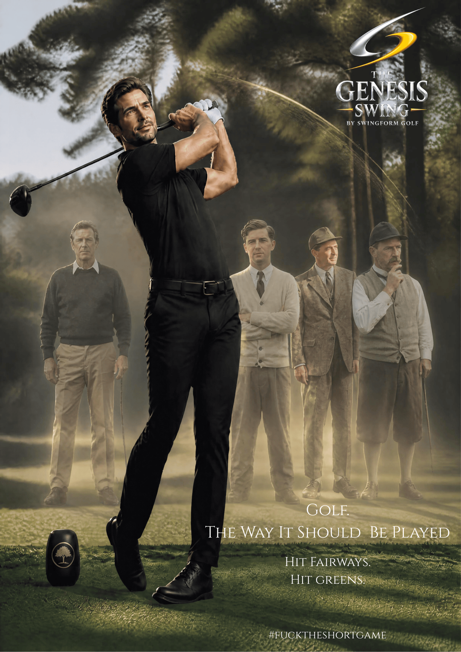 Conceptual Genesis artwork: modern golfer swinging in front of imagined golfers from past eras